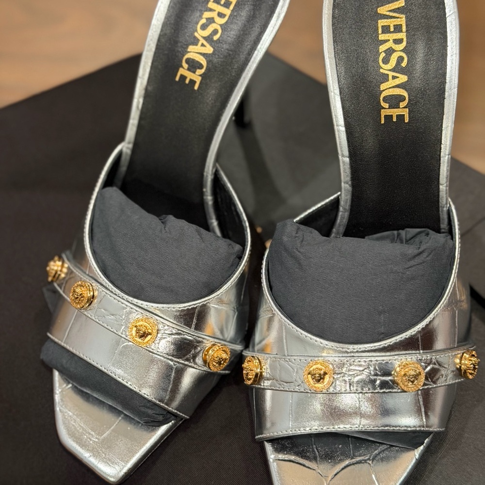 Versace Silver Heels with Gold Medallions